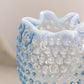 Vintage Medium Blue Opalescent Glass Footed Crimped Hobnail Vase