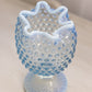 Vintage Medium Blue Opalescent Glass Footed Crimped Hobnail Vase