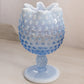 Vintage Large Blue Opalescent Glass Footed Crimped Hobnail Vase