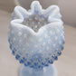 Vintage Large Blue Opalescent Glass Footed Crimped Hobnail Vase