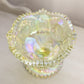 Vintage LE Smith Yellow Green Iridescent Glass Sawtooth Edge Compote