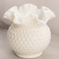 Vintage Medium Circular White Milk Glass Hobnail Vase with Ruffle Edge