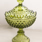 Vintage Medium Fenton Green Glass Footed Hobnail Lidded Dish