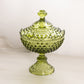 Vintage Medium Fenton Green Glass Footed Hobnail Lidded Dish