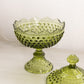 Vintage Medium Fenton Green Glass Footed Hobnail Lidded Dish