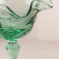 Vintage Medium Green Glass Compote with Ruffle Edge and Fancy Designs