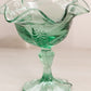 Vintage Medium Green Glass Compote with Ruffle Edge and Fancy Designs