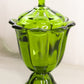 Vintage Medium Green Glass Footed 8 Petal Lidded Dish with Finial