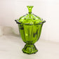 Vintage Medium Green Glass Footed 8 Petal Lidded Dish with Finial
