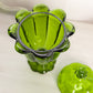 Vintage Medium Green Glass Footed 8 Petal Lidded Dish with Finial
