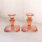 Vintage Pink Glass Candleholder with Square Base and Floral Designs