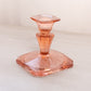 Vintage Pink Glass Candleholder with Square Base and Floral Designs
