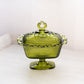 Vintage Rectangular Green Glass Footed Lidded Dish with Lattice Edge