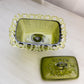 Vintage Rectangular Green Glass Footed Lidded Dish with Lattice Edge