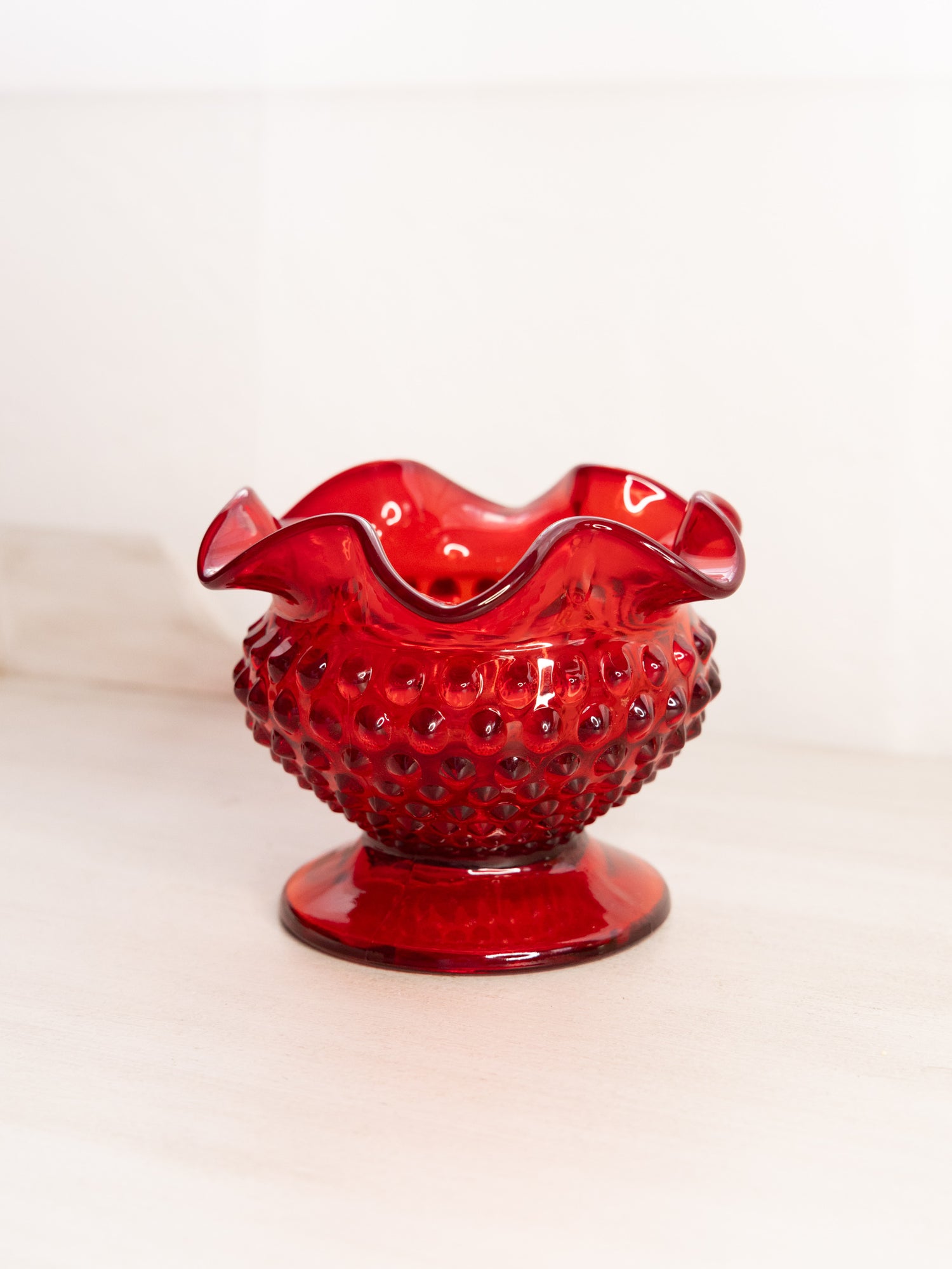 Vintage Fenton Ruby Red Hobnail Paneled Glass Basket w