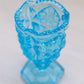 Vintage Small Blue Glass Footed Toothpick Holder with Sawtooth Edge