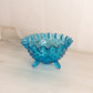 Vintage Small Blue Glass Hobnail Bowl with Ruffle Edge and 3 Toes