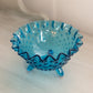 Vintage Small Blue Glass Hobnail Bowl with Ruffle Edge and 3 Toes