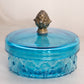 Vintage Small Blue Glass Quilted Lidded Dish and Metal Pinecone Finial