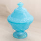 Vintage Small Blue Milk Glass Footed Lidded Dish with Floral Designs