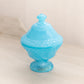 Vintage Small Blue Milk Glass Footed Lidded Dish with Floral Designs