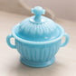 Vintage Small Blue Milk Glass Handled Lidded Dish with Bead Designs