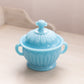 Vintage Small Blue Milk Glass Handled Lidded Dish with Bead Designs