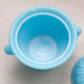 Vintage Small Blue Milk Glass Handled Lidded Dish with Bead Designs