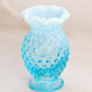 Vintage Small Fenton Blue Opalescent Glass Ruffle Edge Hobnail Vase