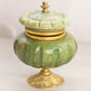 Vintage Small Green Stone Hinged Lidded Jar with Gold Tone Details