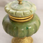 Vintage Small Green Stone Hinged Lidded Jar with Gold Tone Details