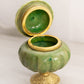 Vintage Small Green Stone Hinged Lidded Jar with Gold Tone Details