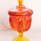 Vintage Viking Orange Red Yellow Amberina Glass Lidded Footed Dish