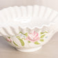 Vintage White Milk Glass Rose and Lattice Floral Oval Ruffled Bowl